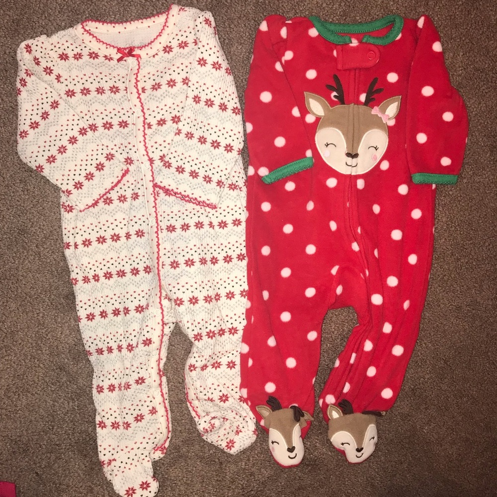 TWO Christmas Footie Pajamas size 0-3mo